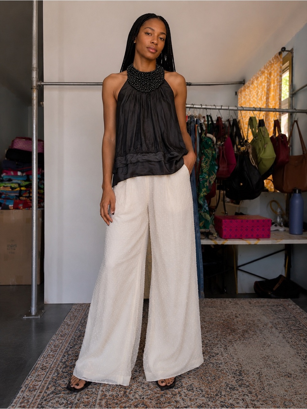 Black Beaded Halter Blouse in Black